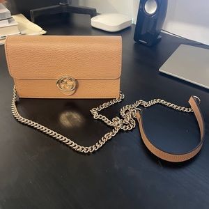 Beige/Camel Gucci GG Interlocking Pebbled Leather Wallet On Chain